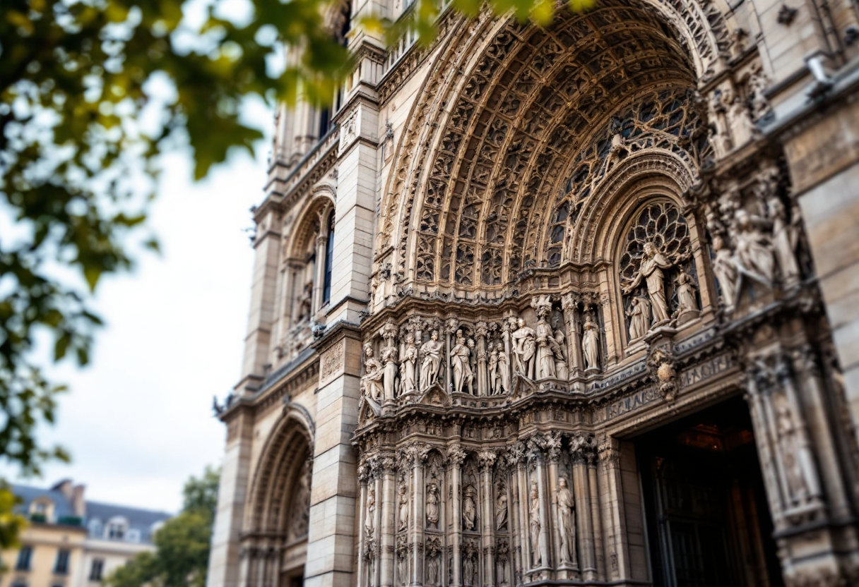 Notre-Dame Cathedral with royal symbols and visitors