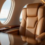 A luxurious private jet in flight against a blue sky