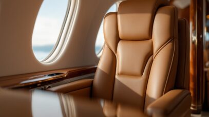 A luxurious private jet in flight against a blue sky