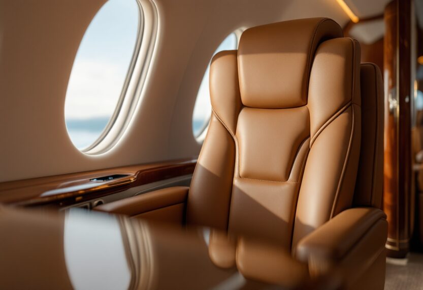 A luxurious private jet in flight against a blue sky