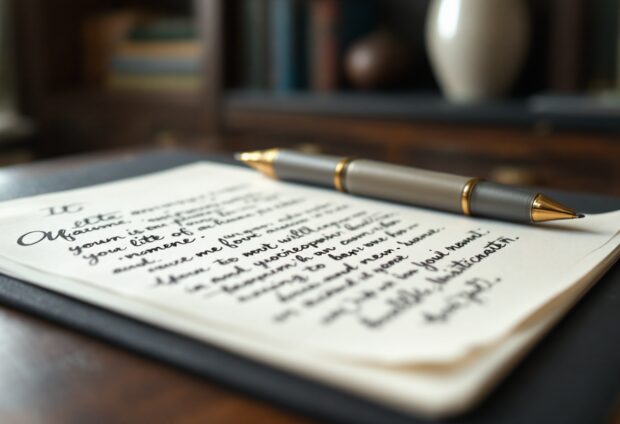 A vintage letter and pen on a wooden table