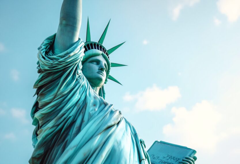 Statua della Libertà con skyline di New York sullo sfondo